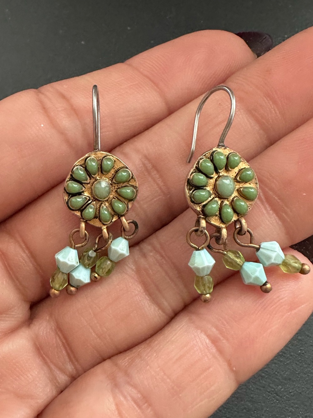 Handcrafted Green Beaded Floral Drop Earrings - Unbranded